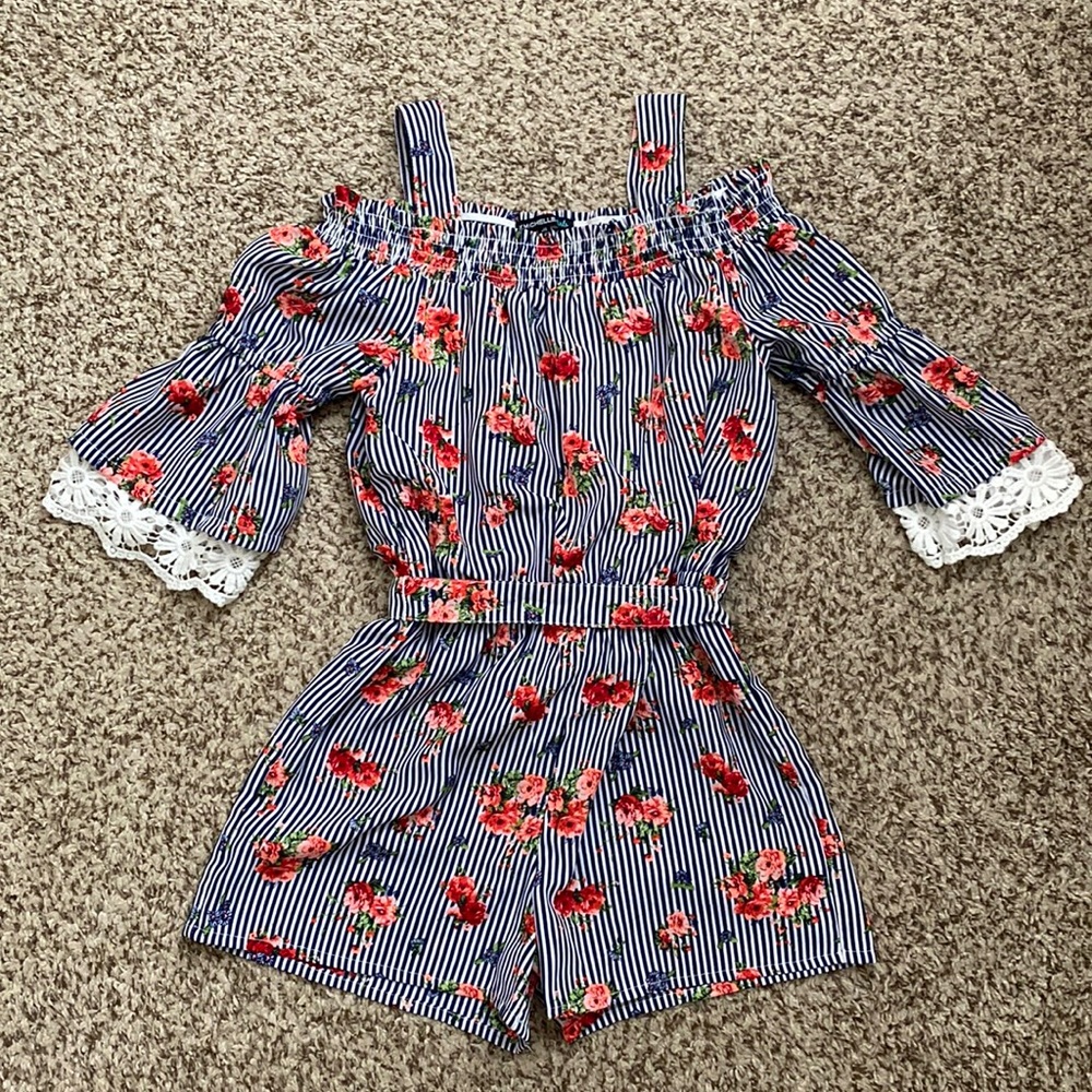 NWOT My Michelle Girls Floral Stripe Cold Shoulder Romper